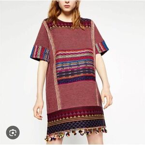 ZARA Trafuluc Embroidered Tassel Tunic Dress Burgundy Geometric Boho Size L